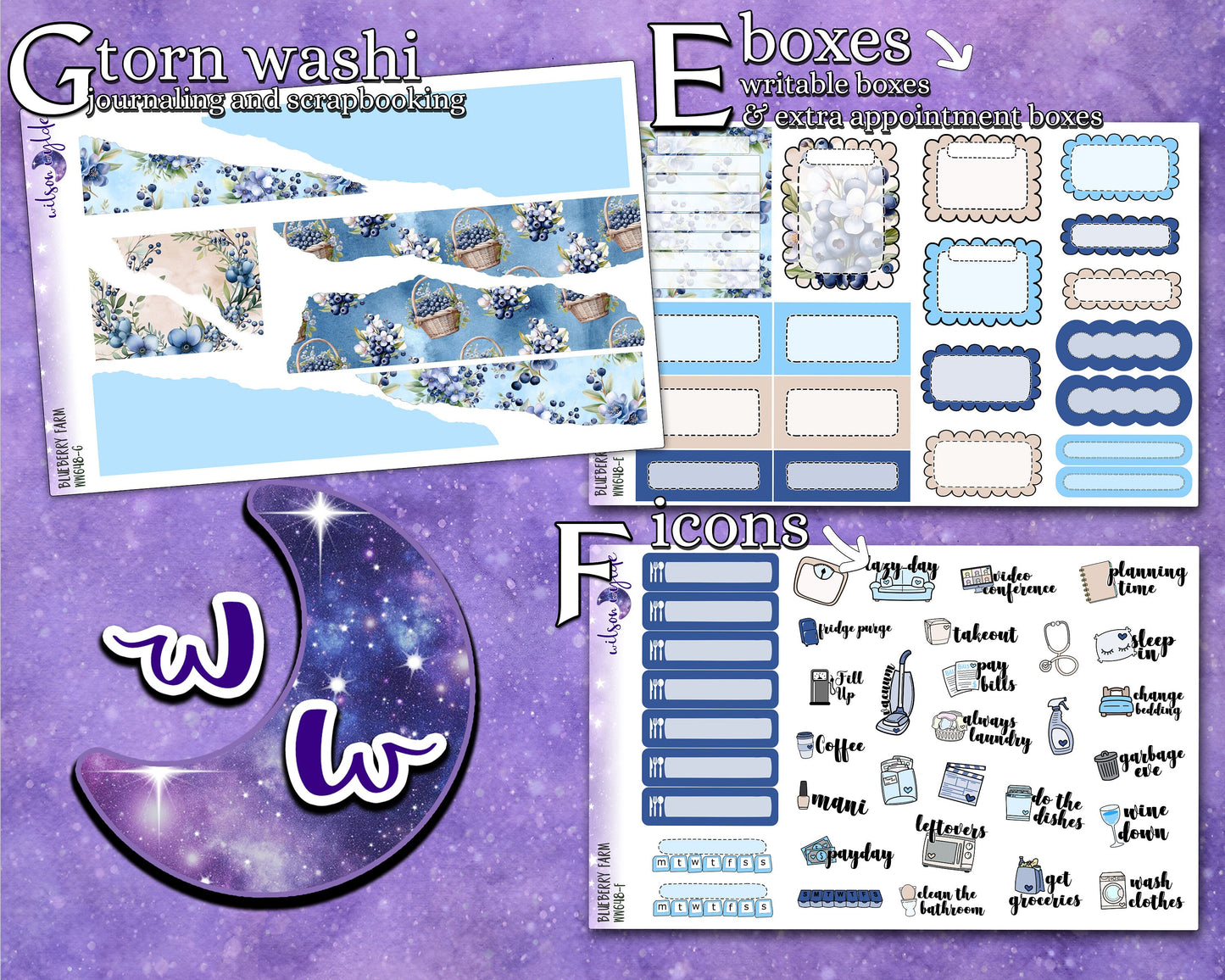 Blueberry Farm full weekly sticker kit, HOBONICHI COUSIN format, a la carte and bundle options. WW648