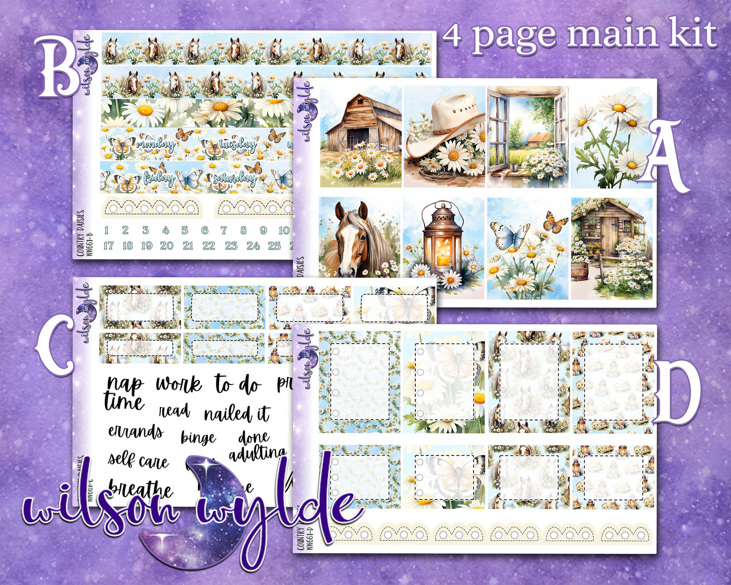 Country Daisies full weekly sticker kit, STANDARD VERTICAL format, a la carte and bundle options. WW661