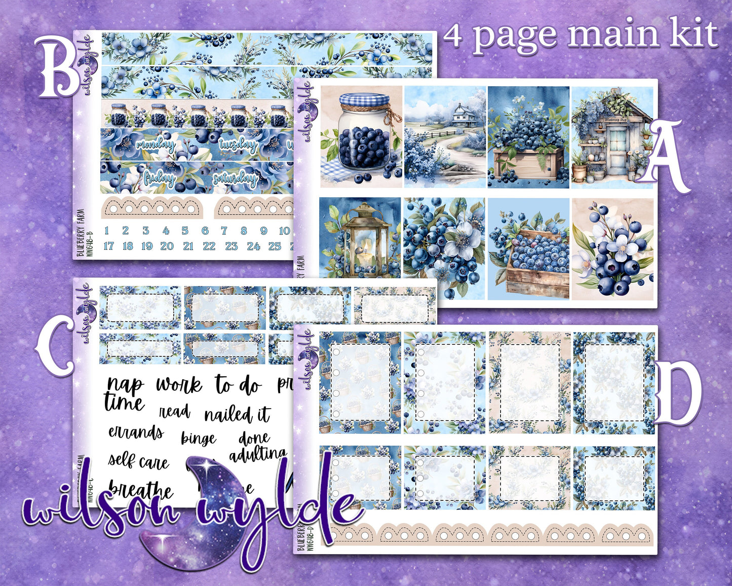Blueberry Farm full weekly sticker kit, HOBONICHI COUSIN format, a la carte and bundle options. WW648