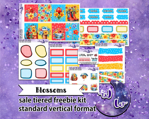 Blossoms, tiered freebie kit, standard vertical format. 7 planner sticker sheets, includes deco, full and appointment boxes.