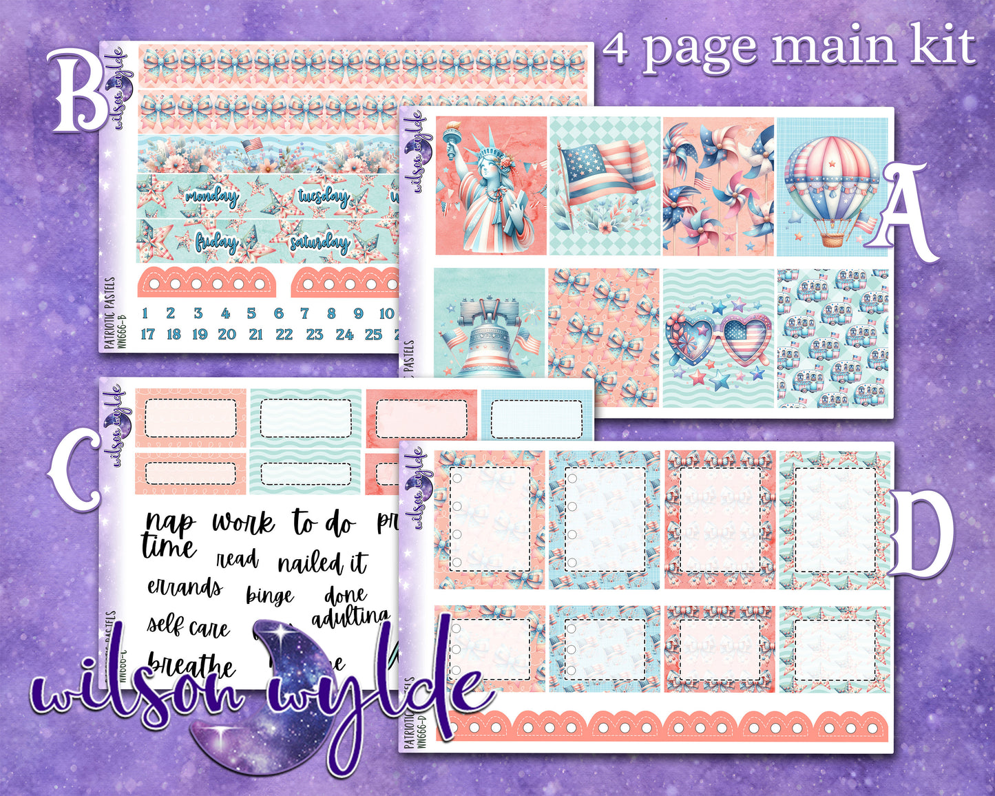 Patriotic Pastels full weekly sticker kit, HOBONICHI COUSIN format, a la carte and bundle options. WW666