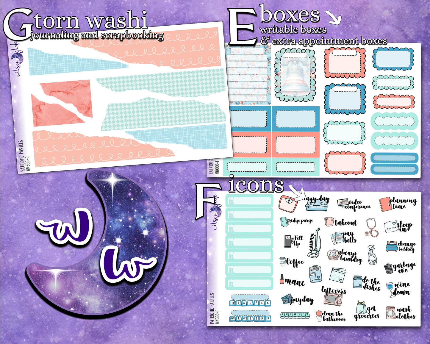 Patriotic Pastels full weekly sticker kit, HOBONICHI COUSIN format, a la carte and bundle options. WW666