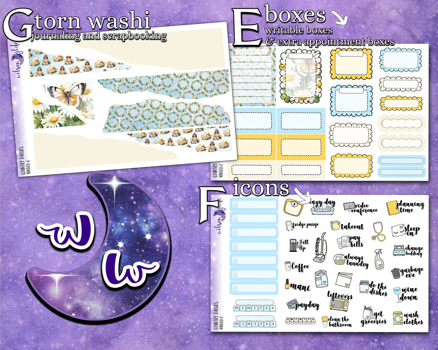 Country Daisies full weekly sticker kit, STANDARD VERTICAL format, a la carte and bundle options. WW661