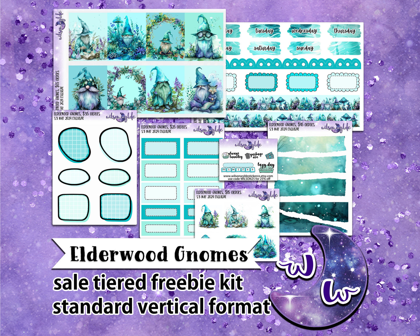 Elderwood Gnomes, tiered freebie kit, standard vertical format. 7 planner sticker sheets, includes deco, full and appointment boxes.