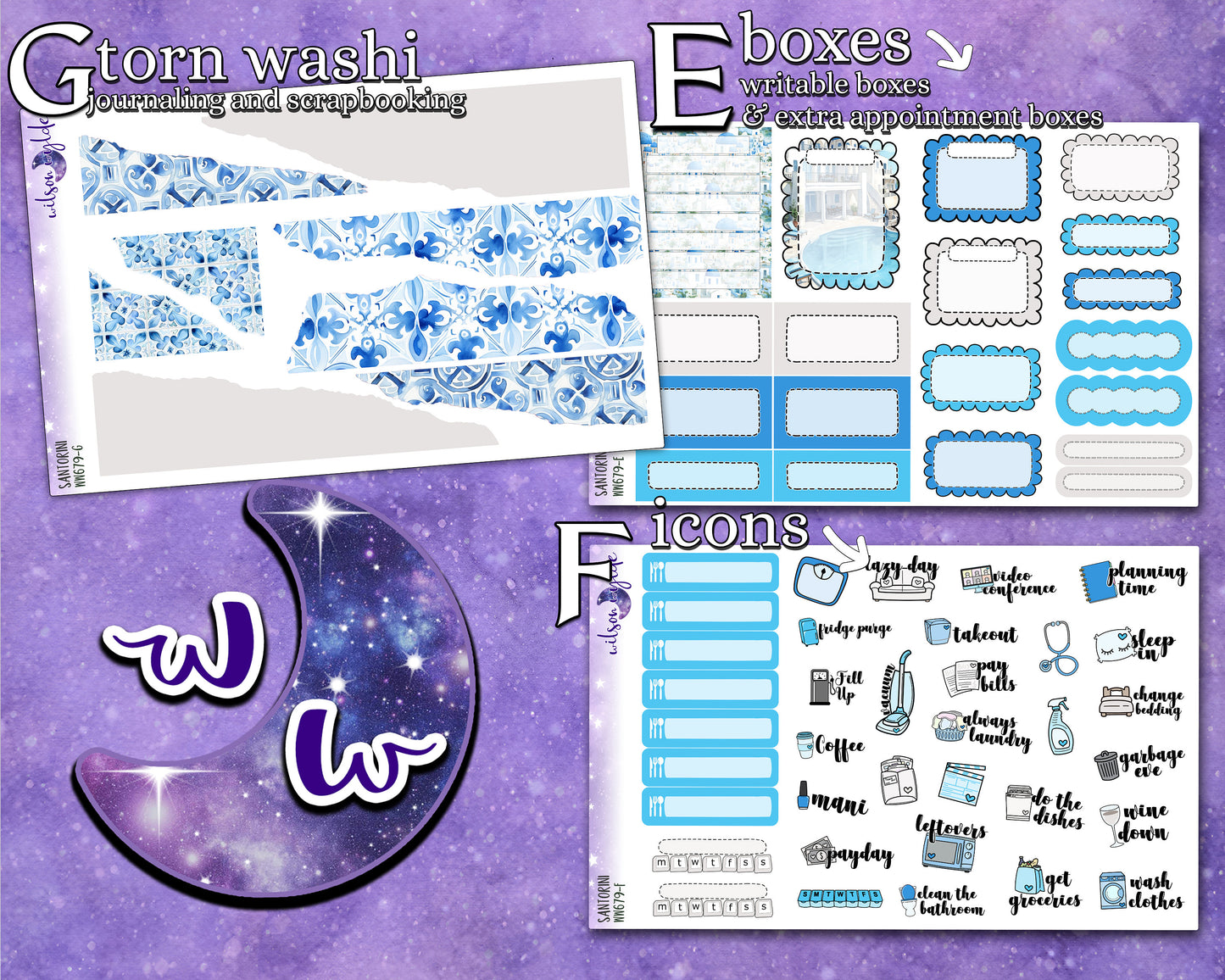 Santorini full weekly sticker kit, STANDARD VERTICAL format, a la carte and bundle options. WW679