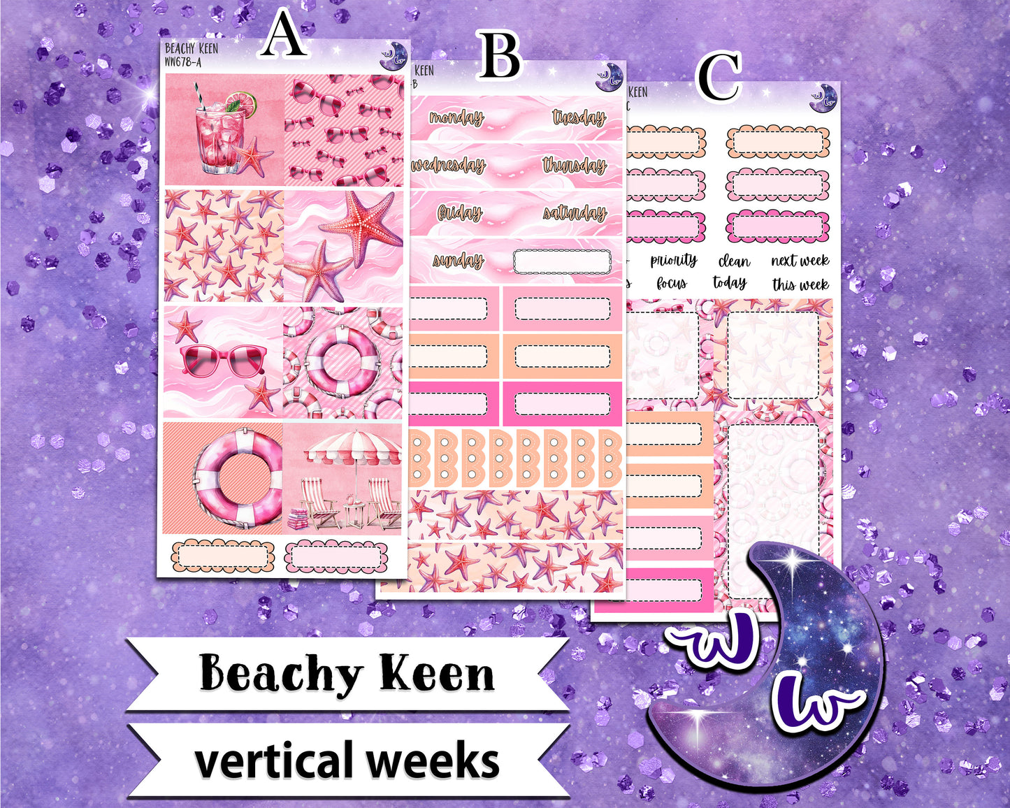 Beachy Keen weekly sticker kit, VERTICAL WEEKS format, Print Pression weeks, a la carte and bundle options. WW678