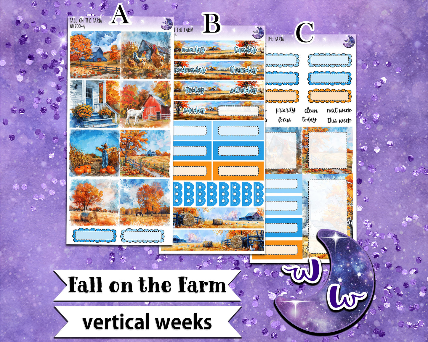 Fall on the Farm weekly sticker kit, VERTICAL WEEKS format, Print Pression weeks, a la carte and bundle options. WW700