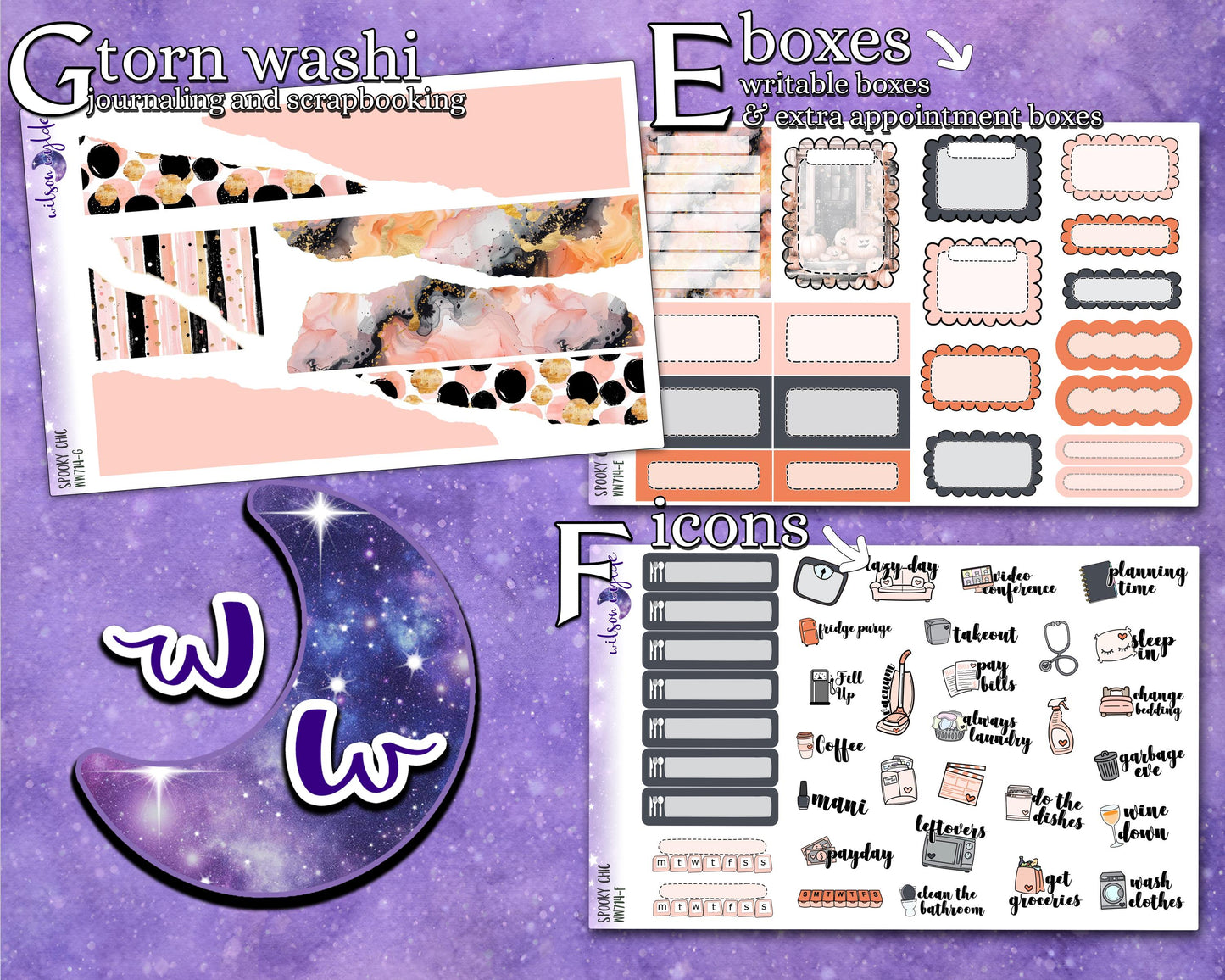 Spooky Chic full weekly sticker kit, STANDARD VERTICAL format, a la carte and bundle options. WW714