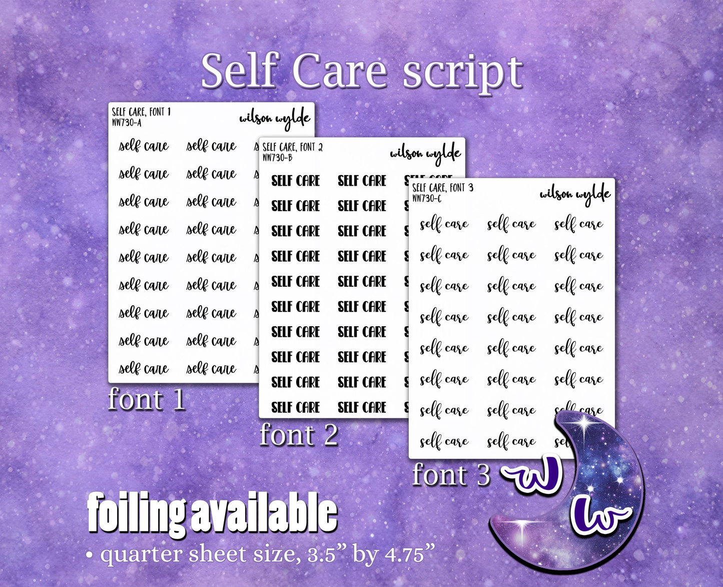 Self Care script planner stickers, Foiling available WW730