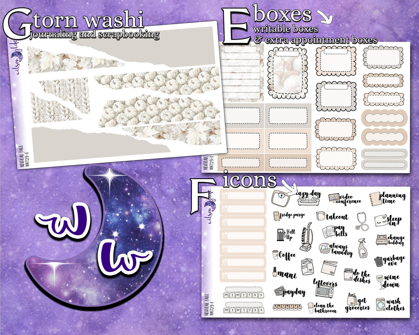 Neutral Fall full weekly sticker kit, STANDARD VERTICAL format, a la carte and bundle options. WW723