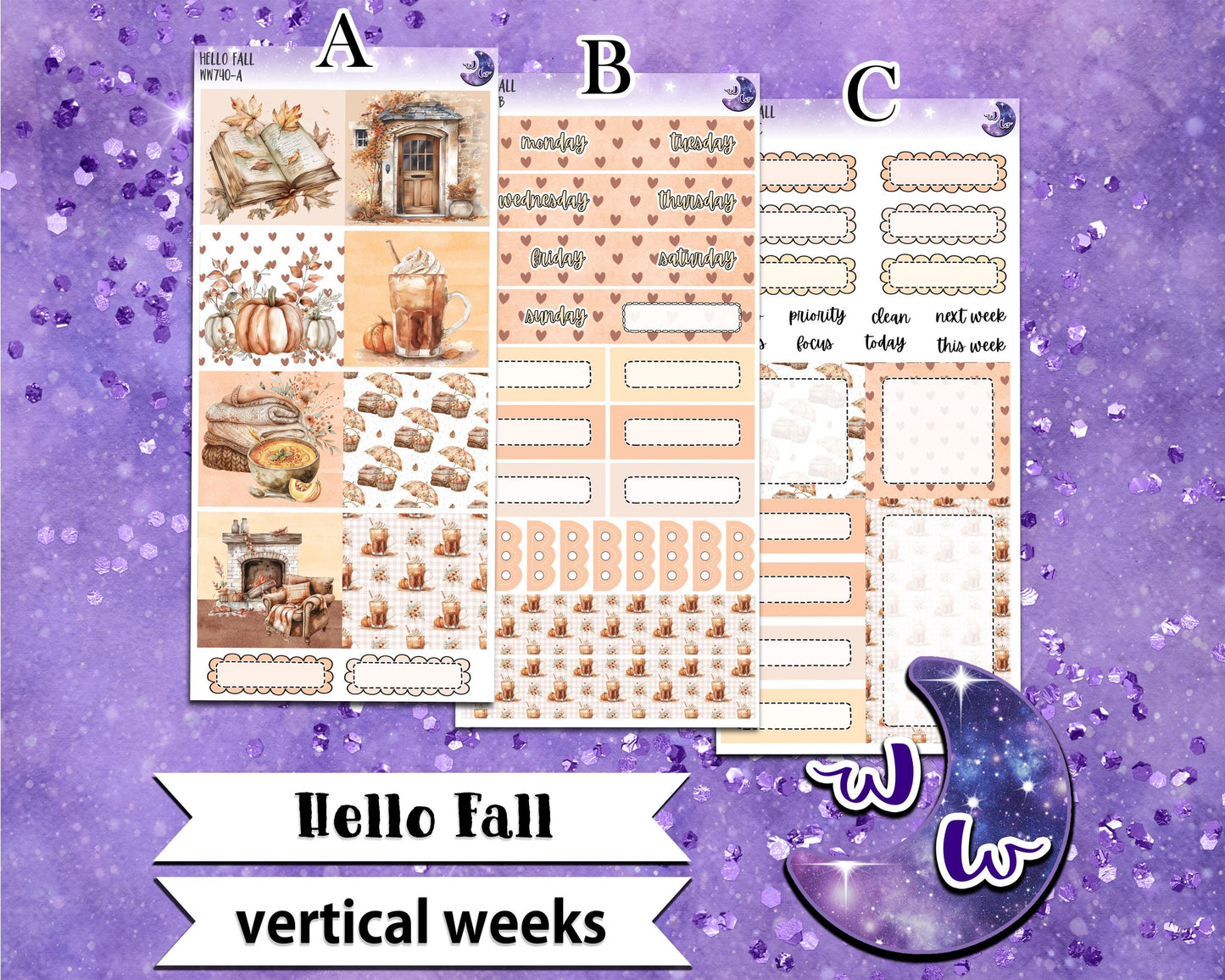 Hello Fall weekly sticker kit, VERTICAL WEEKS format, Print Pression weeks, a la carte and bundle options. WW740