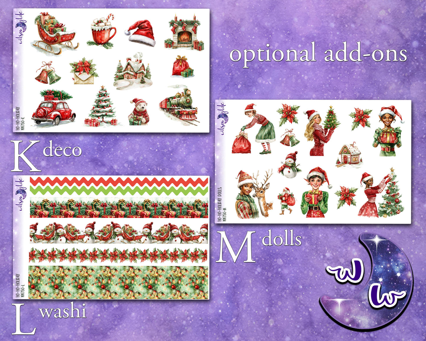 Ho-Ho-Holiday weekly sticker kit, HOBONICHI COUSIN format, a la carte and bundle options. WW750