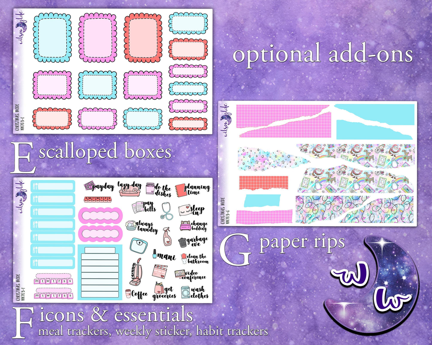 Christmas Mode weekly sticker kit, STANDARD VERTICAL format, a la carte and bundle options. WW763