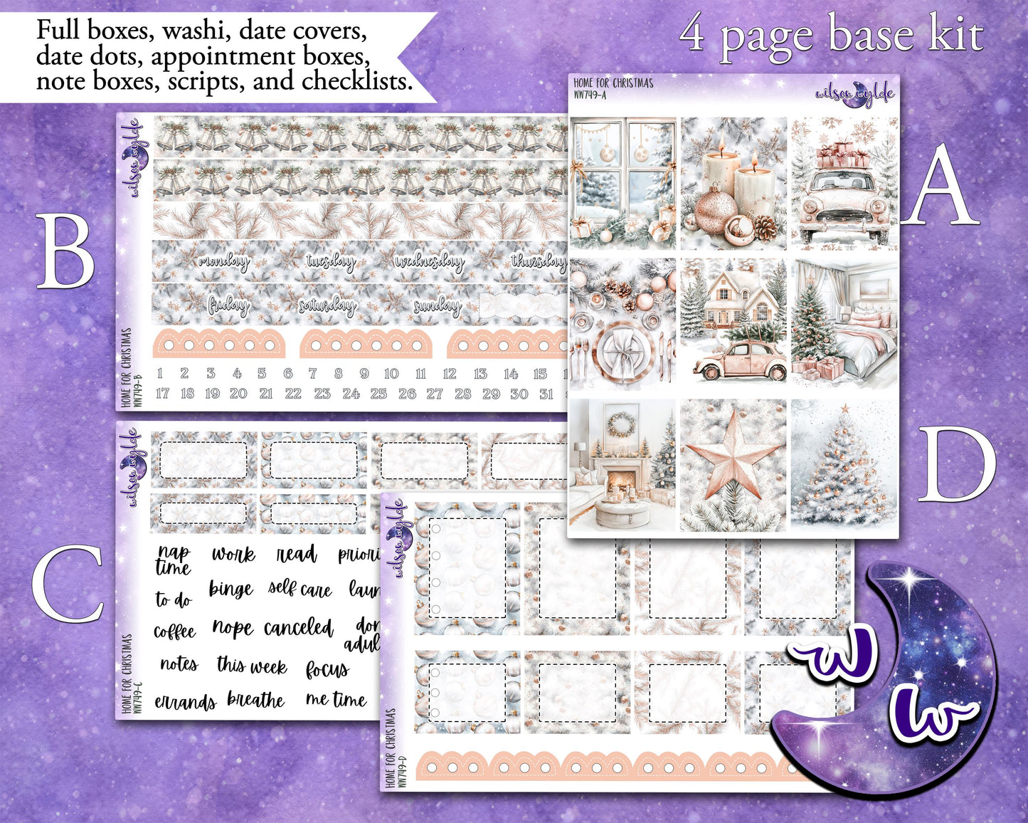 Home For Christmas weekly sticker kit, HOBONICHI COUSIN format, a la carte and bundle options. WW749