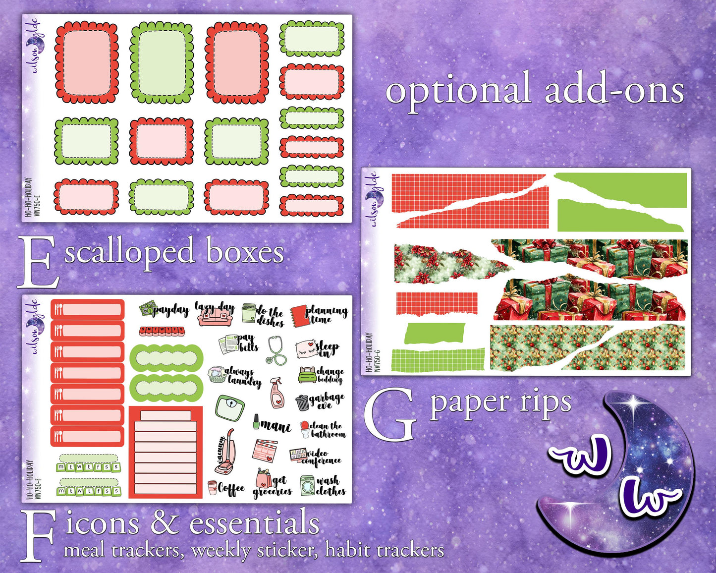 Ho-Ho-Holiday weekly sticker kit, HOBONICHI COUSIN format, a la carte and bundle options. WW750