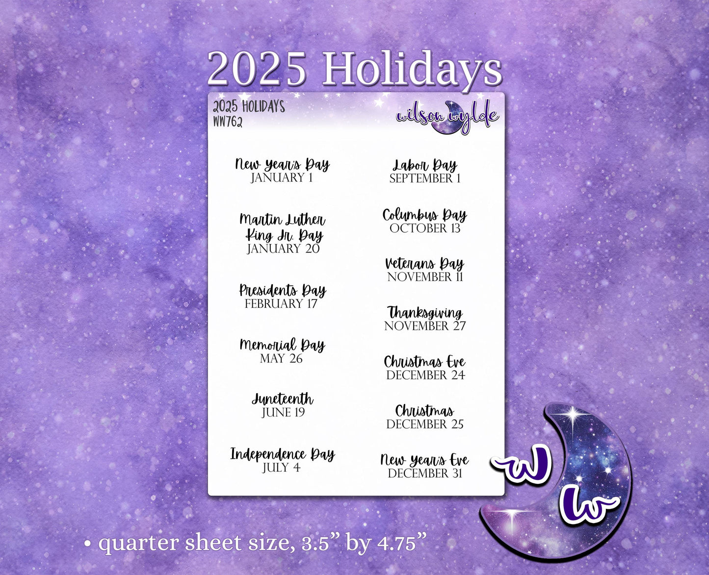 2025 Federal Holidays, deco planner stickers, WW762