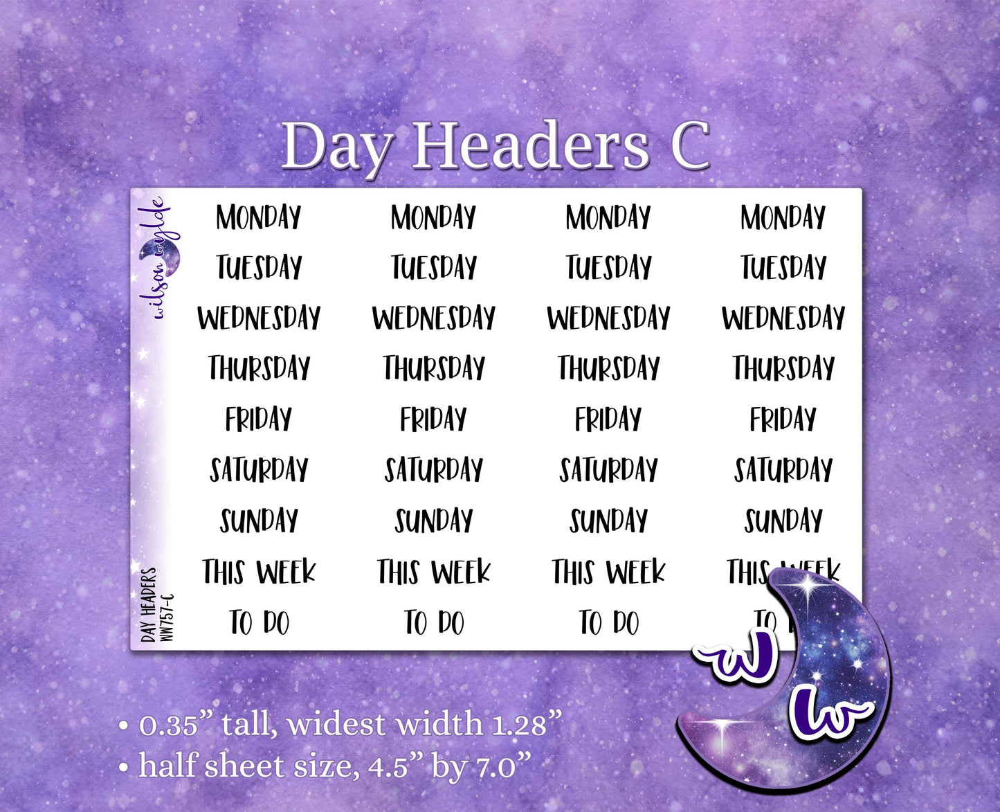 Day headers, days of the week day covers planner stickers, WW757