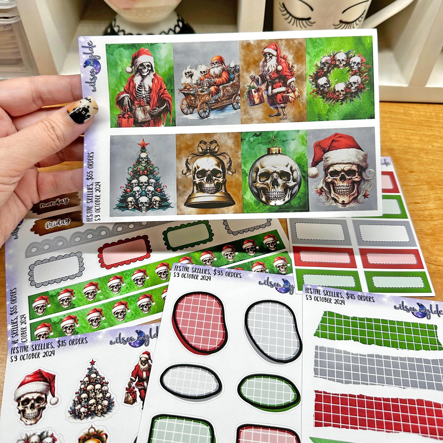 Festive Skellies, tiered freebie kit, standard vertical format. 7 planner sticker sheets, includes deco, full and appointment boxes.