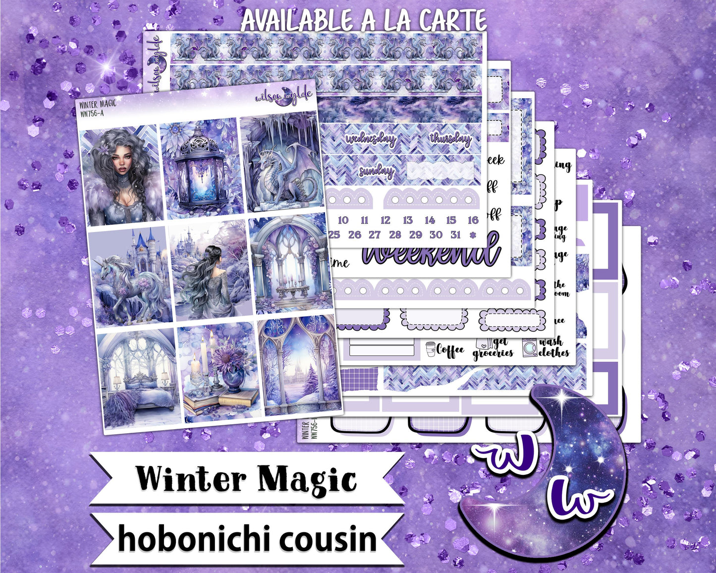 Winter Magic weekly sticker kit, HOBONICHI COUSIN format, a la carte and bundle options. WW776