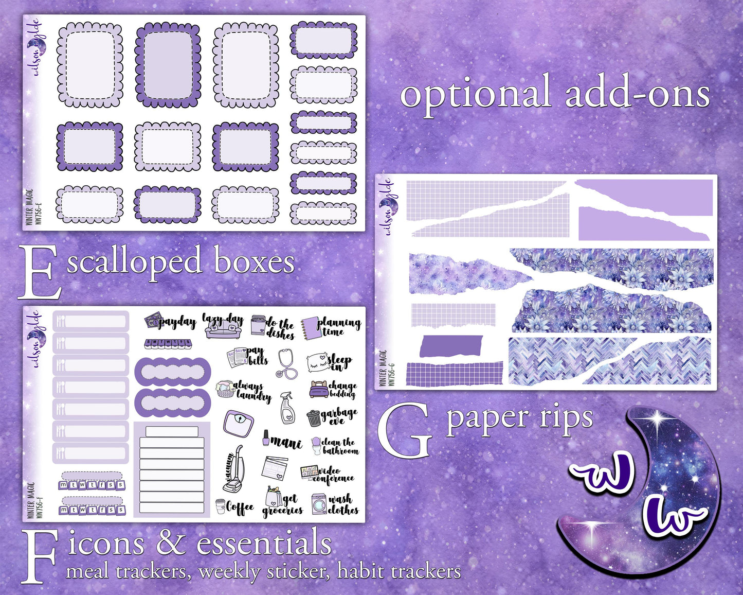 Winter Magic weekly sticker kit, HOBONICHI COUSIN format, a la carte and bundle options. WW776