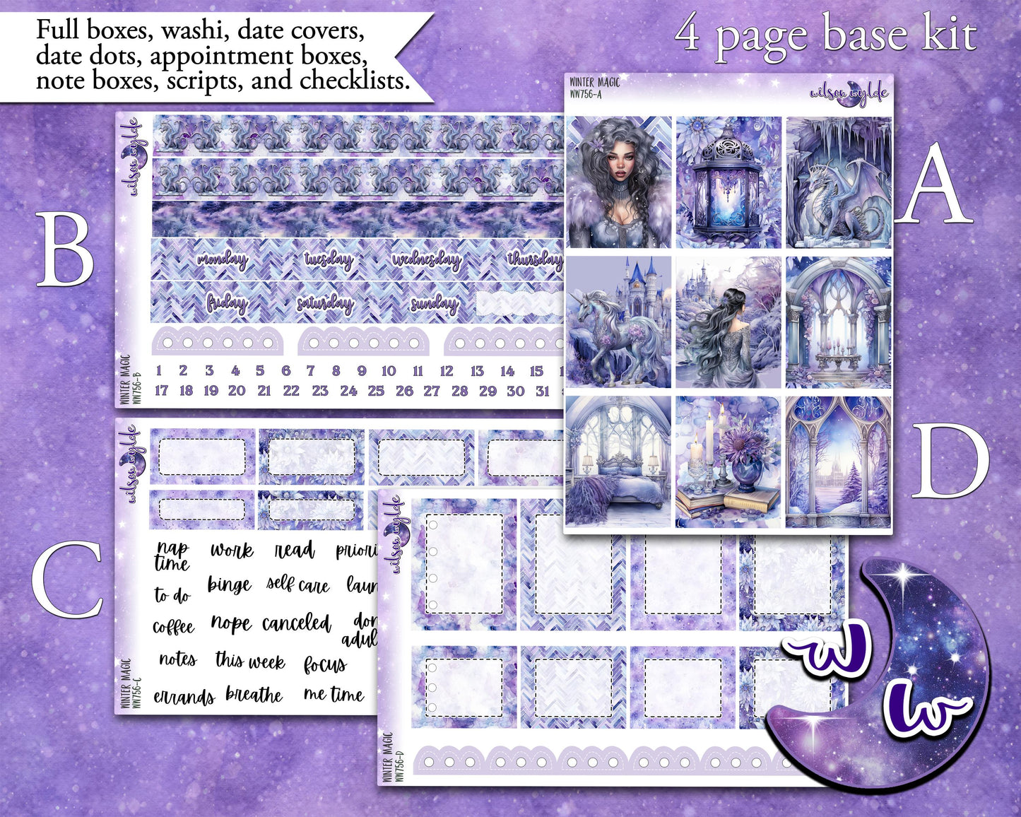 Winter Magic weekly sticker kit, HOBONICHI COUSIN format, a la carte and bundle options. WW776
