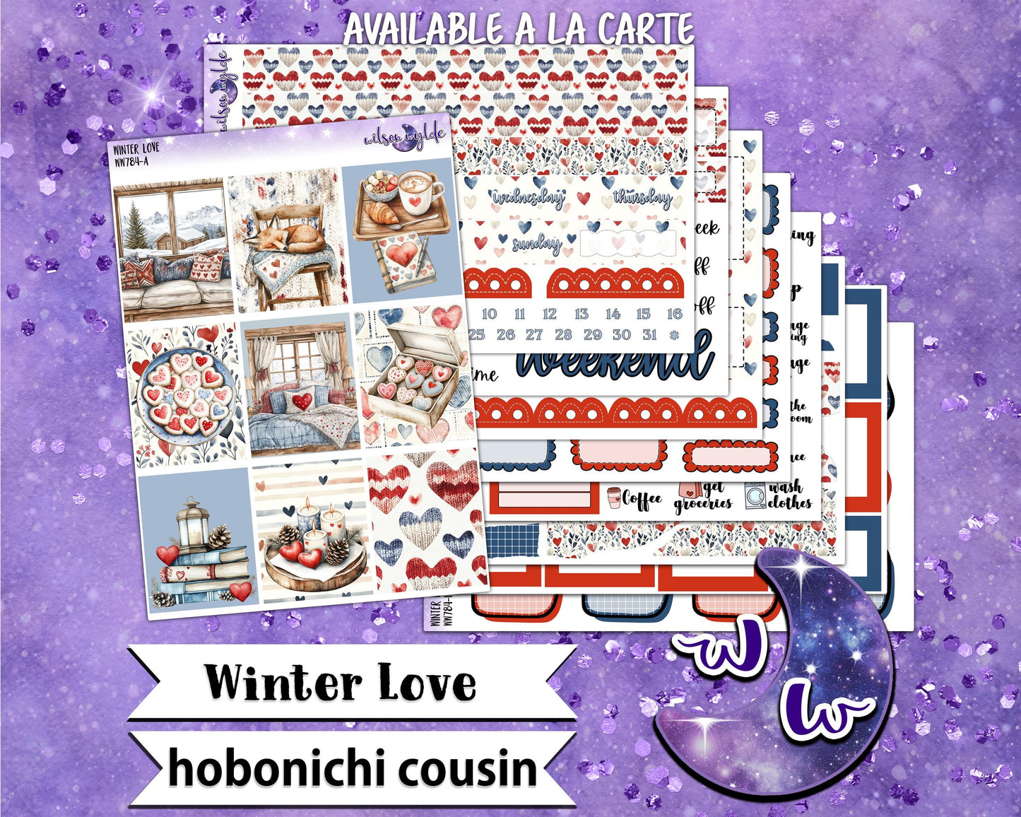 Winter Love weekly sticker kit, HOBONICHI COUSIN format, a la carte and bundle options. WW784