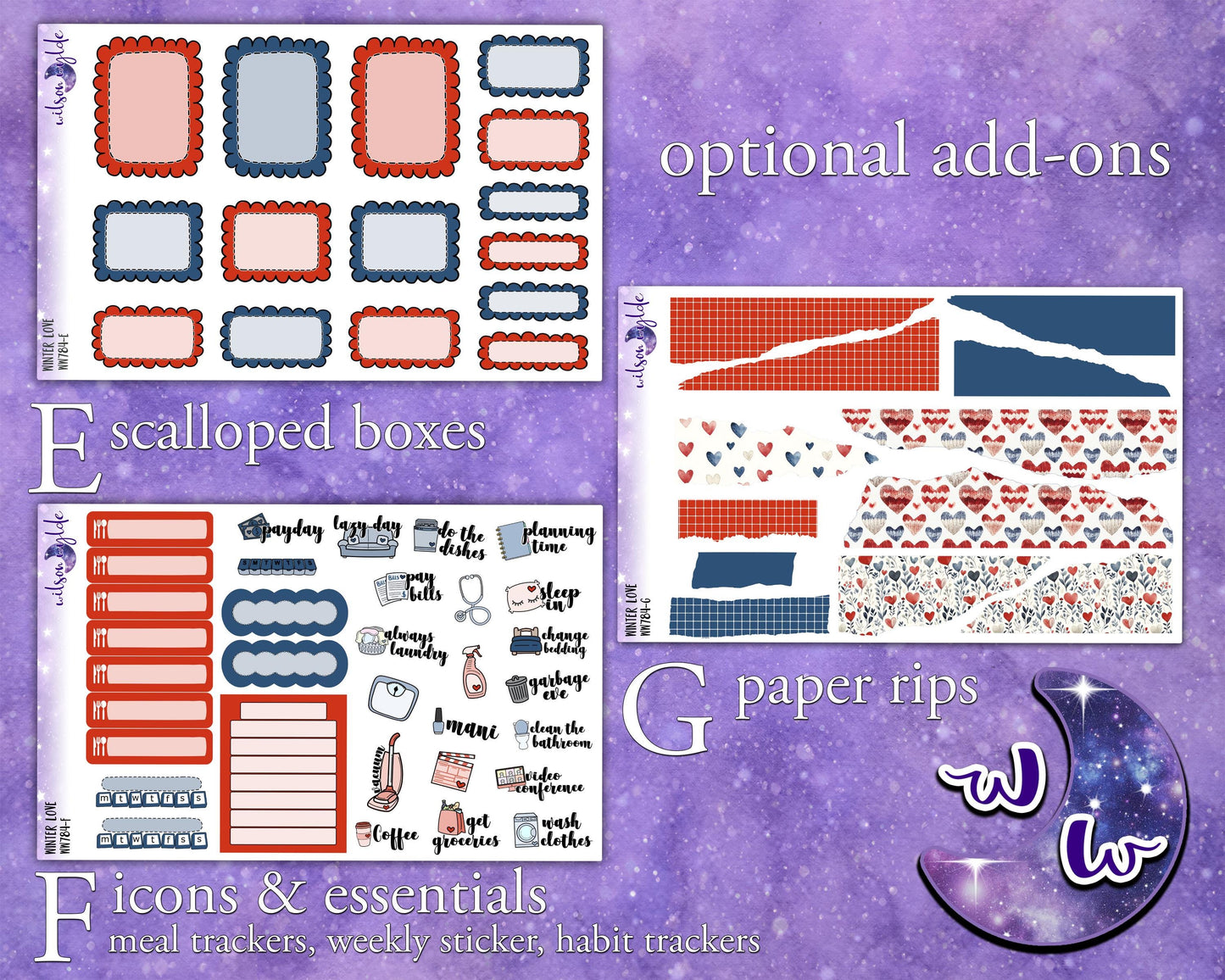 Winter Love weekly sticker kit, STANDARD VERTICAL format, a la carte and bundle options. WW784