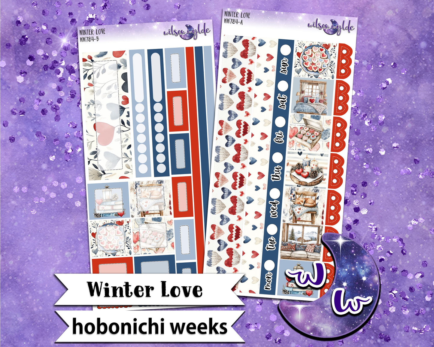 Winter Love weekly sticker kit, HOBONICHI WEEKS format, a la carte and bundle options. WW784