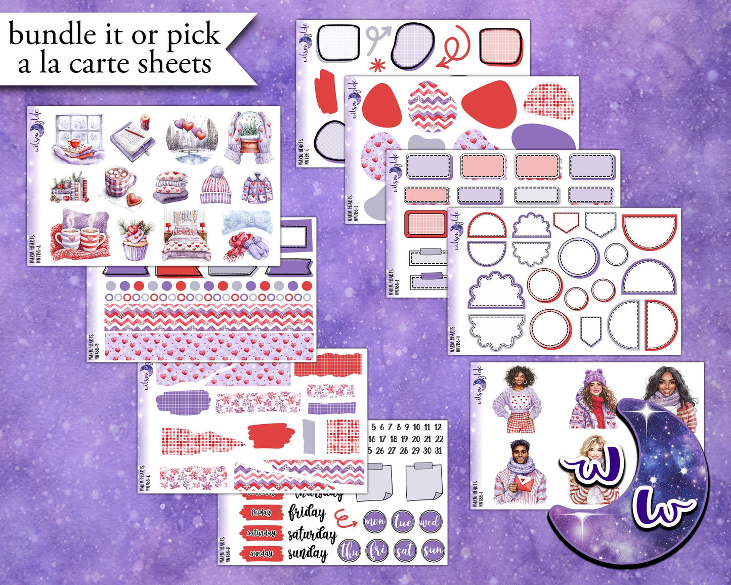 Warm Hearts journaling sticker kit, a la carte and bundle options. WW786
