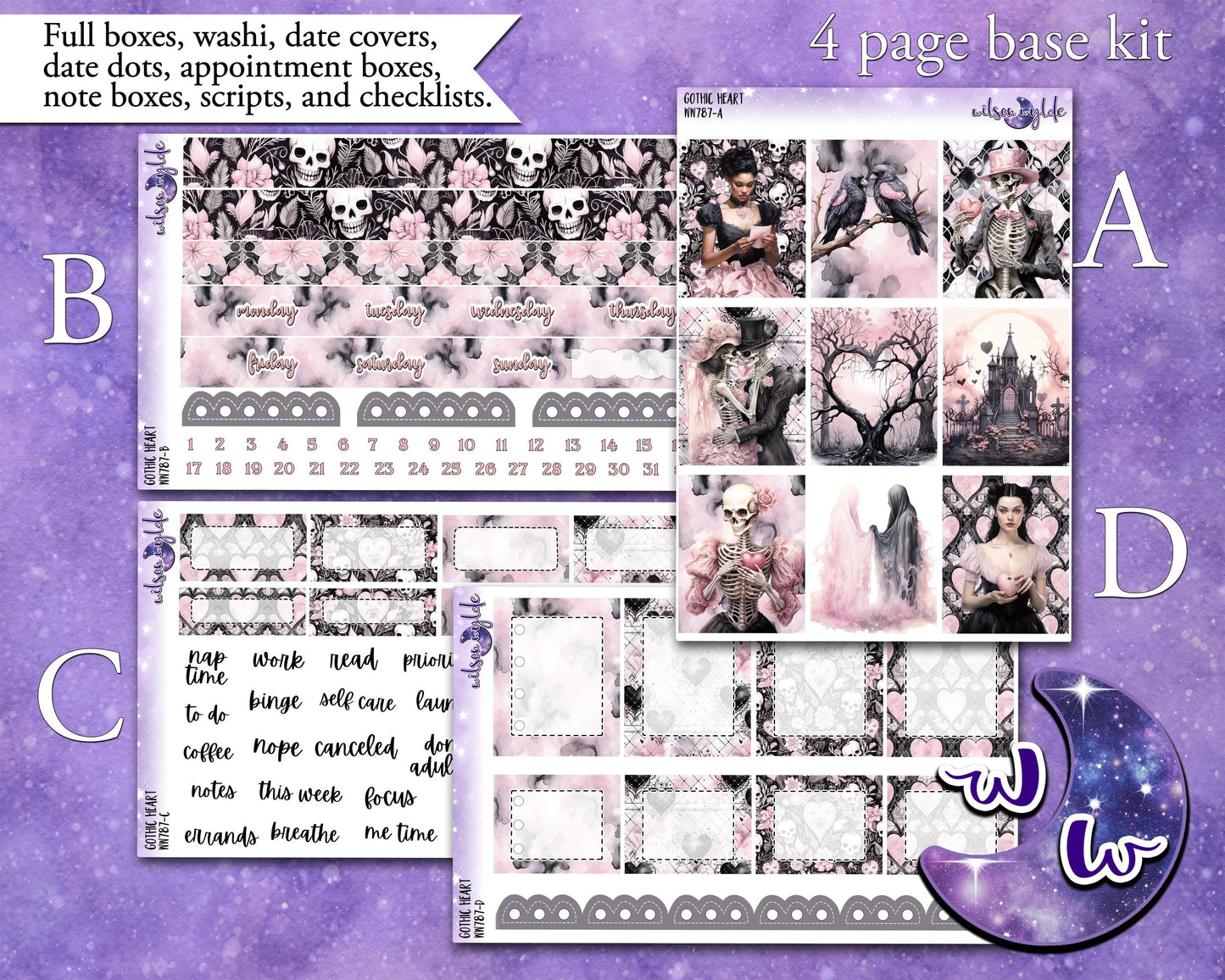 Gothic Heart weekly sticker kit, HOBONICHI COUSIN format, a la carte and bundle options. WW787