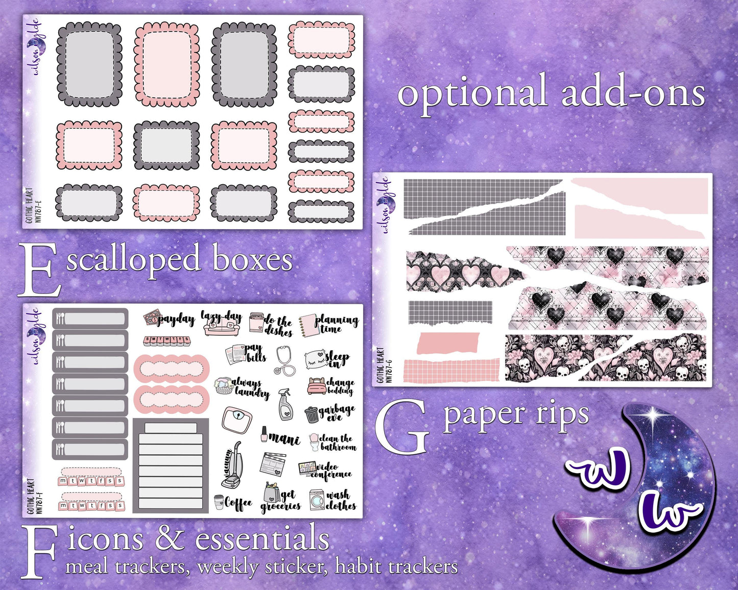 Gothic Heart weekly sticker kit, HOBONICHI COUSIN format, a la carte and bundle options. WW787