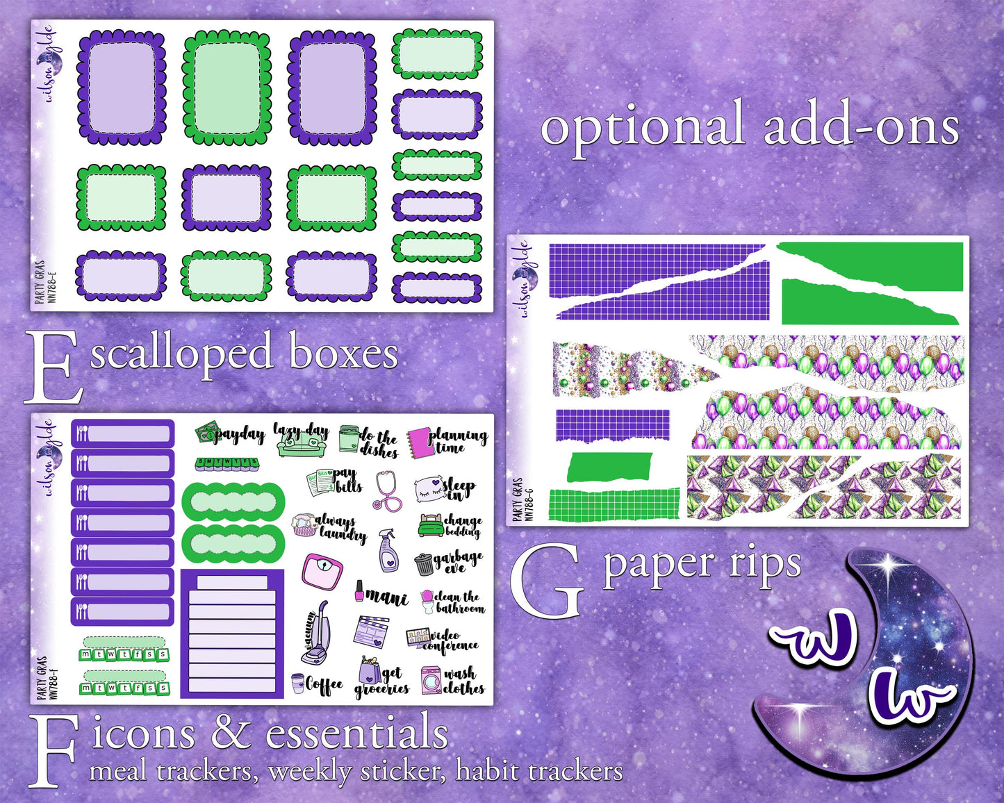 Party Gras weekly sticker kit, HOBONICHI COUSIN format, mardi gras, fat tuesday, a la carte and bundle options. WW788