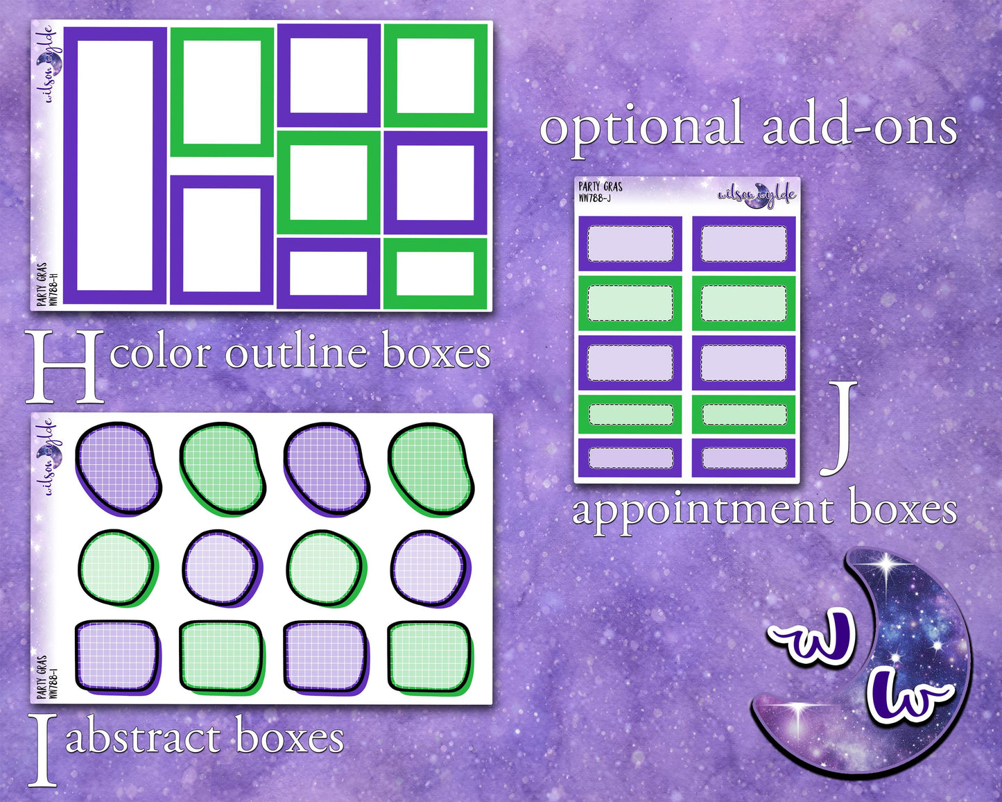 Party Gras weekly sticker kit, HOBONICHI COUSIN format, mardi gras, fat tuesday, a la carte and bundle options. WW788