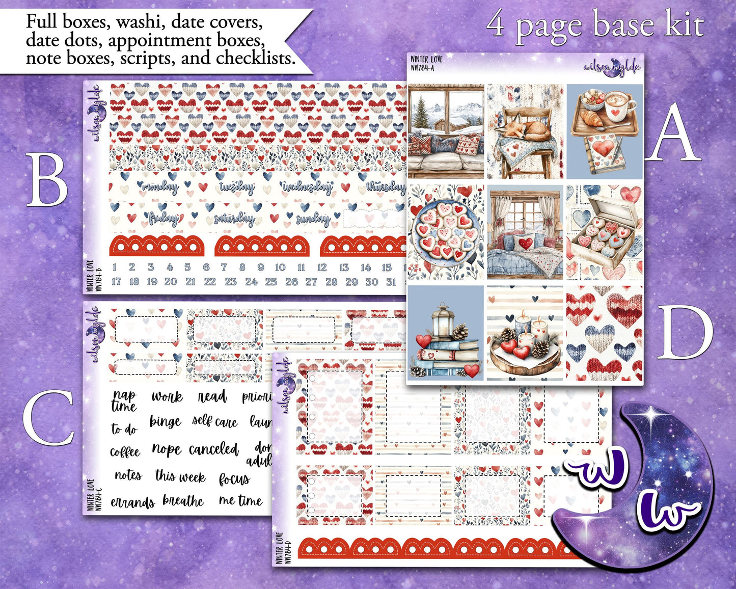Winter Love weekly sticker kit, STANDARD VERTICAL format, a la carte and bundle options. WW784