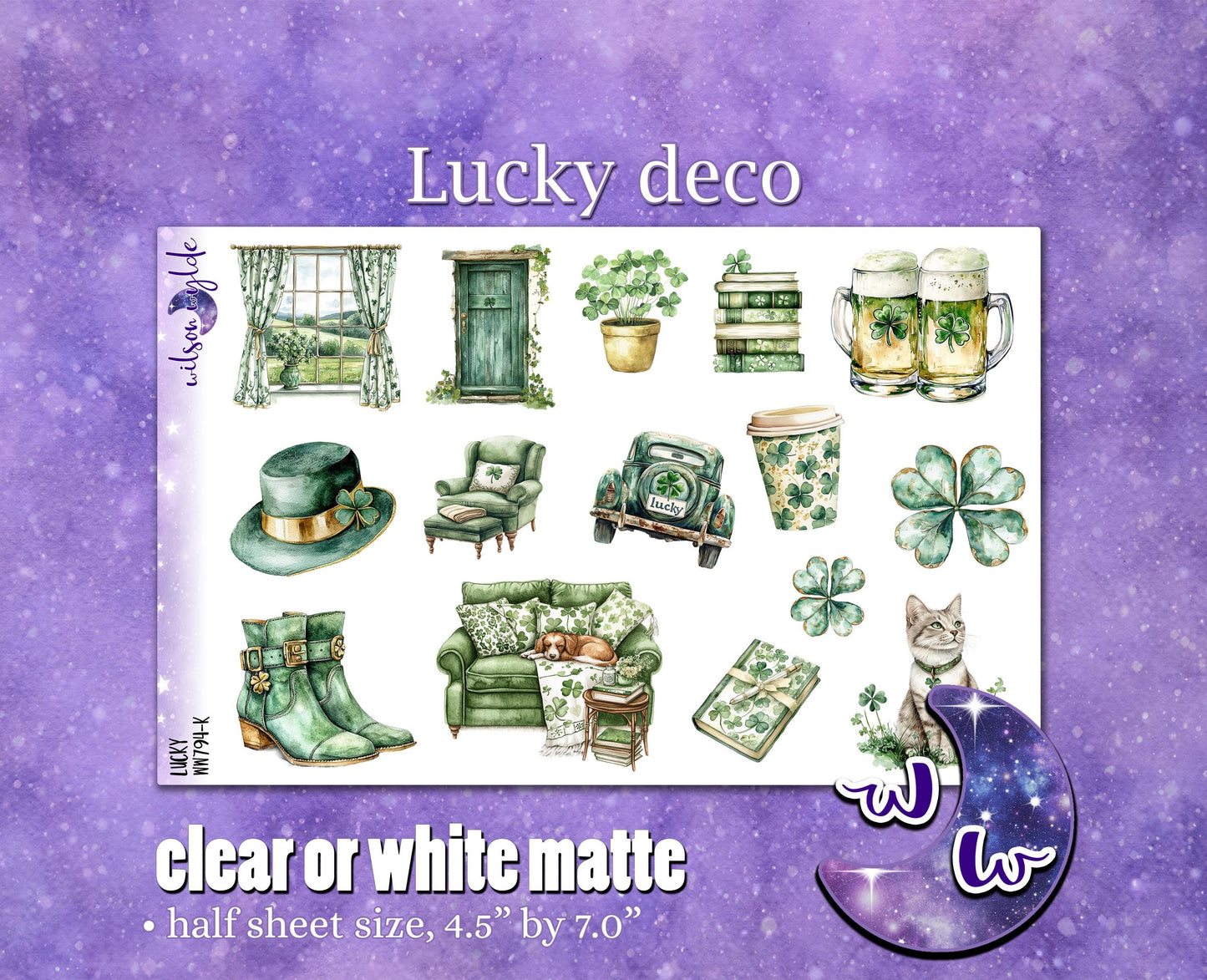 Lucky deco planner stickers, Matte or frosted clear. Ireland, St. Patrick's Day, WW794