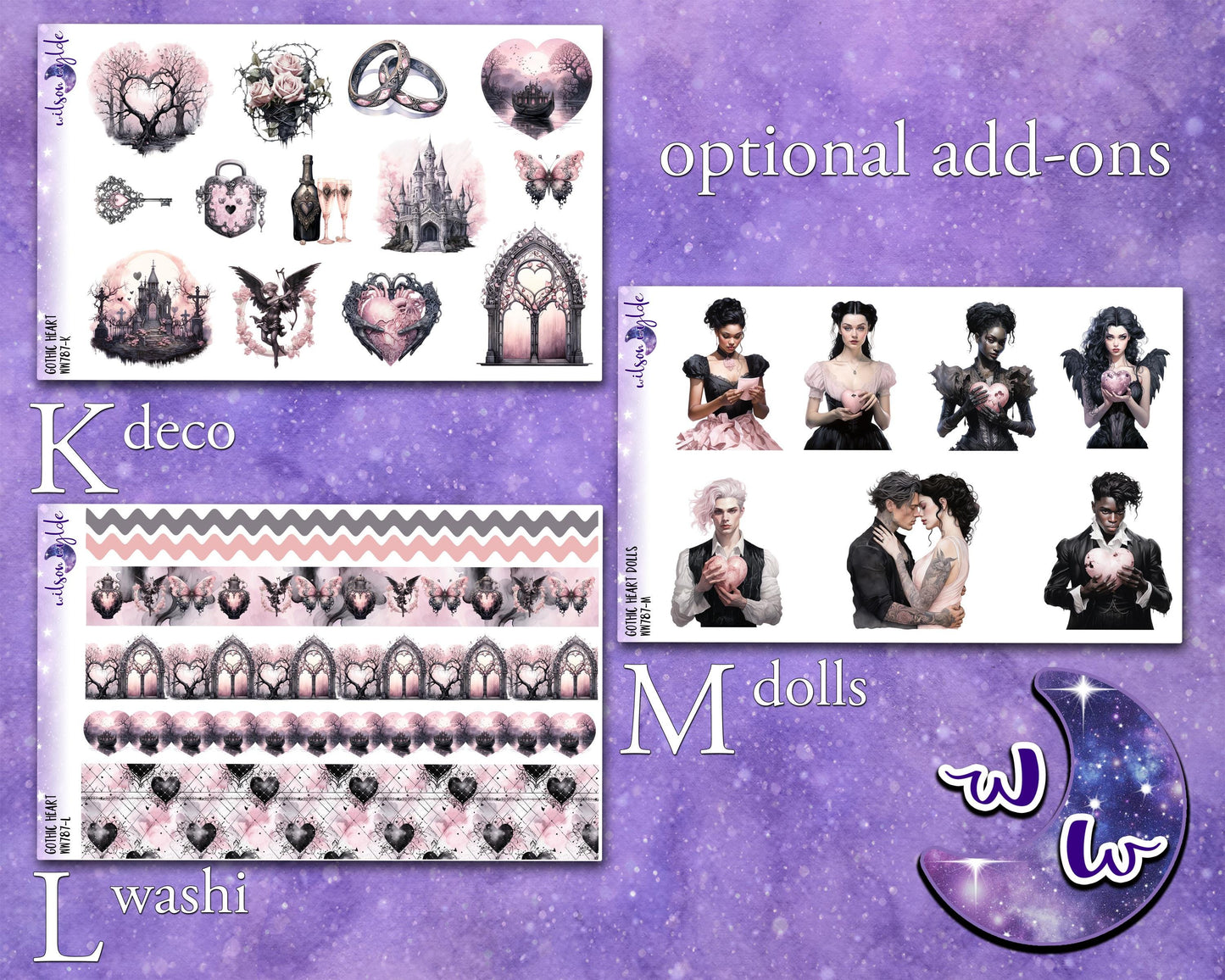 Gothic Heart weekly sticker kit, STANDARD VERTICAL format, a la carte and bundle options. WW787