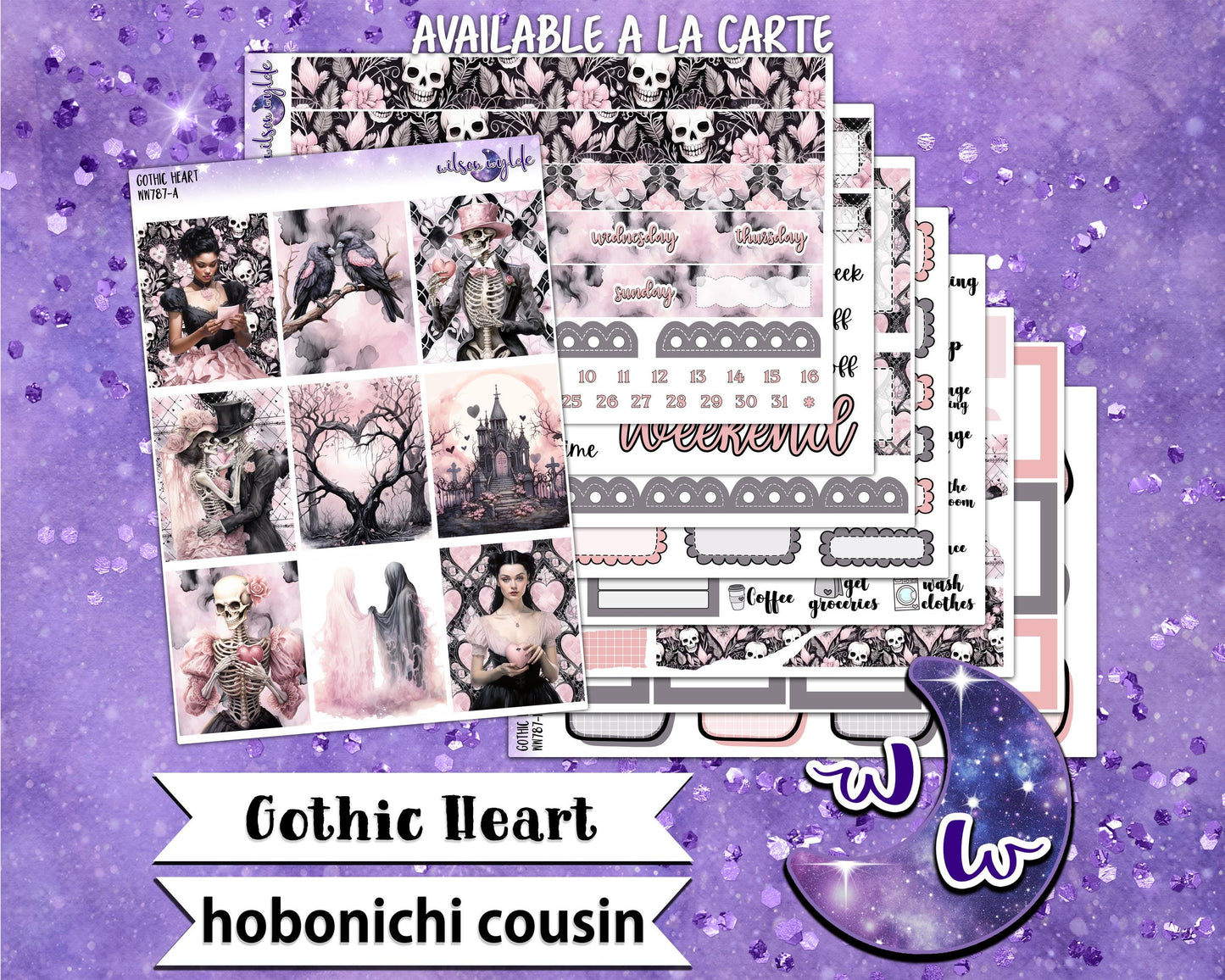 Gothic Heart weekly sticker kit, HOBONICHI COUSIN format, a la carte and bundle options. WW787