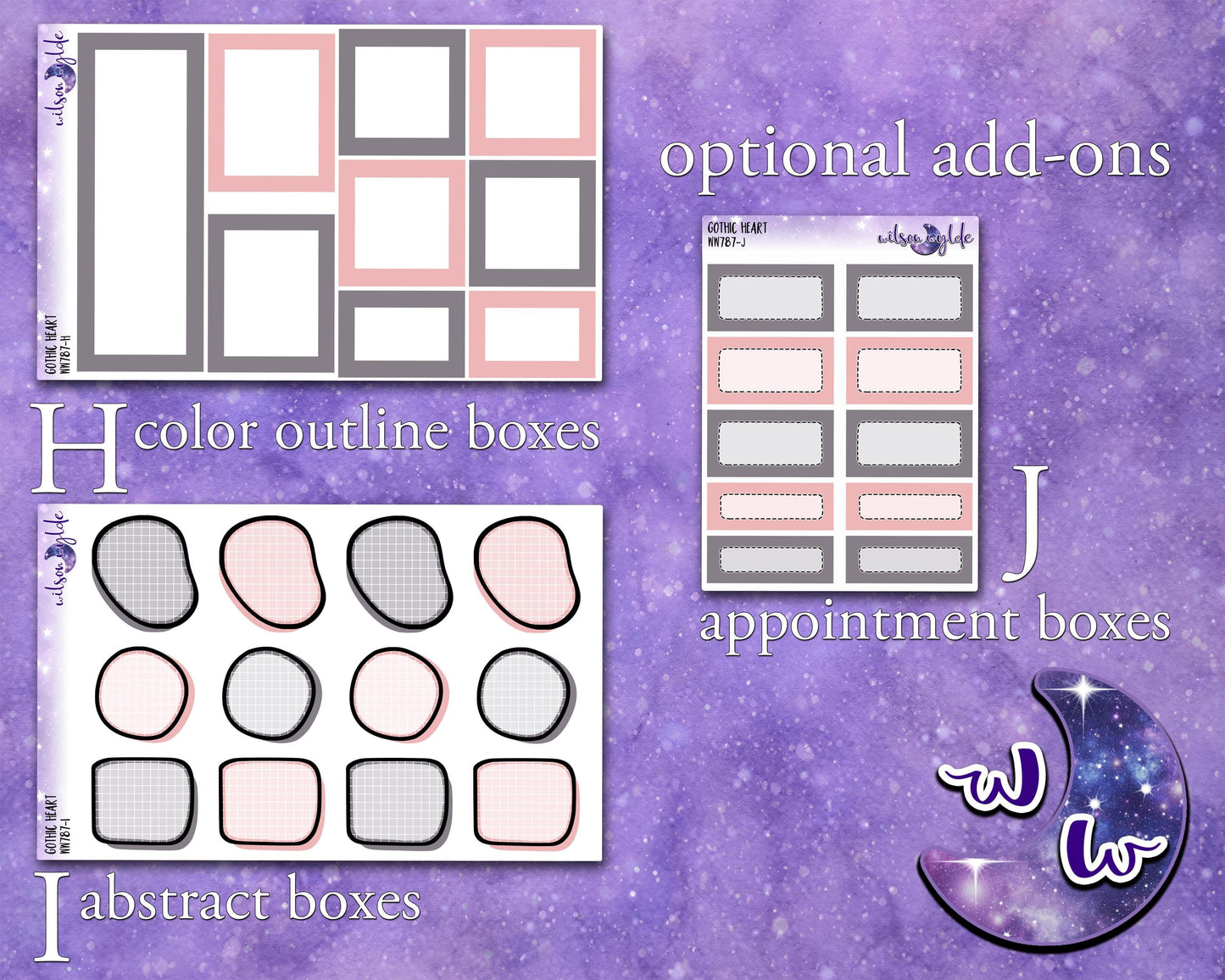 Gothic Heart weekly sticker kit, HOBONICHI COUSIN format, a la carte and bundle options. WW787