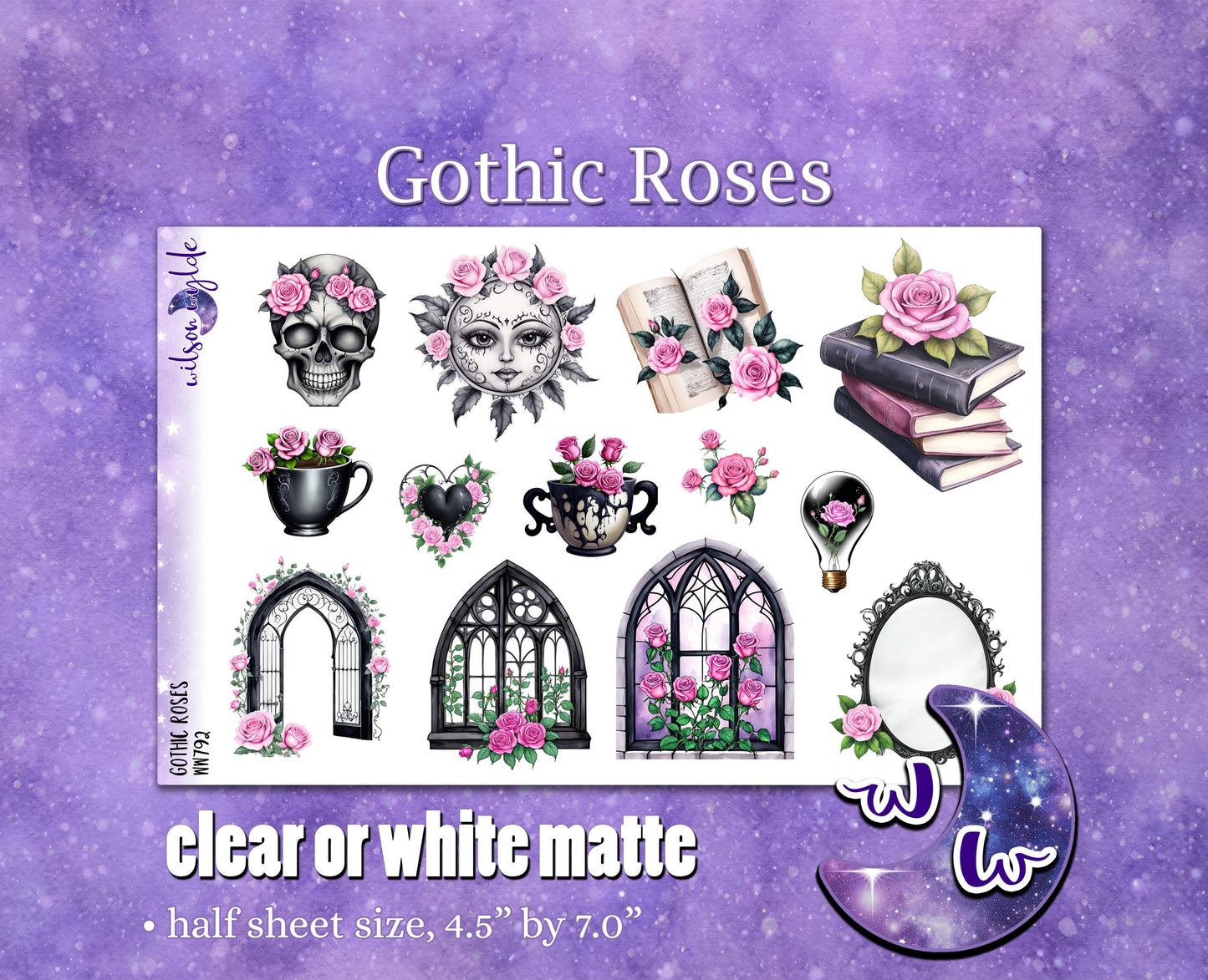 Gothic Roses deco planner stickers, Matte or frosted clear. Valentine's Day WW792