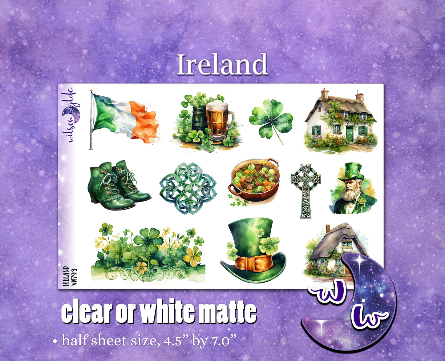 Ireland deco planner stickers, Matte or frosted clear. Irish St. Patrick's WW793
