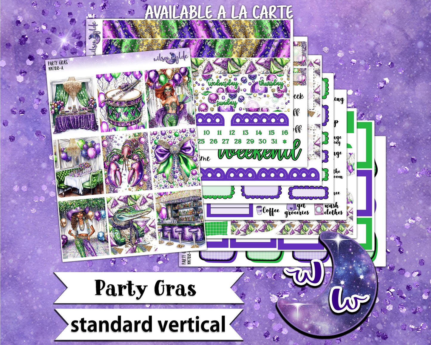 Party Gras weekly sticker kit, STANDARD VERTICAL format, mardi gras, fat tuesday, a la carte and bundle options. WW788