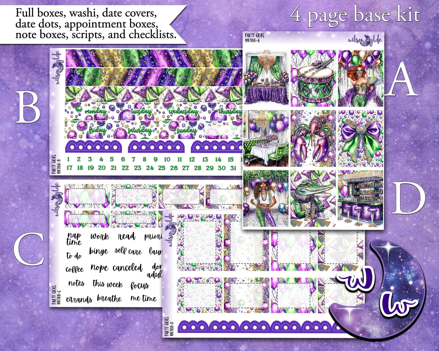 Party Gras weekly sticker kit, STANDARD VERTICAL format, mardi gras, fat tuesday, a la carte and bundle options. WW788