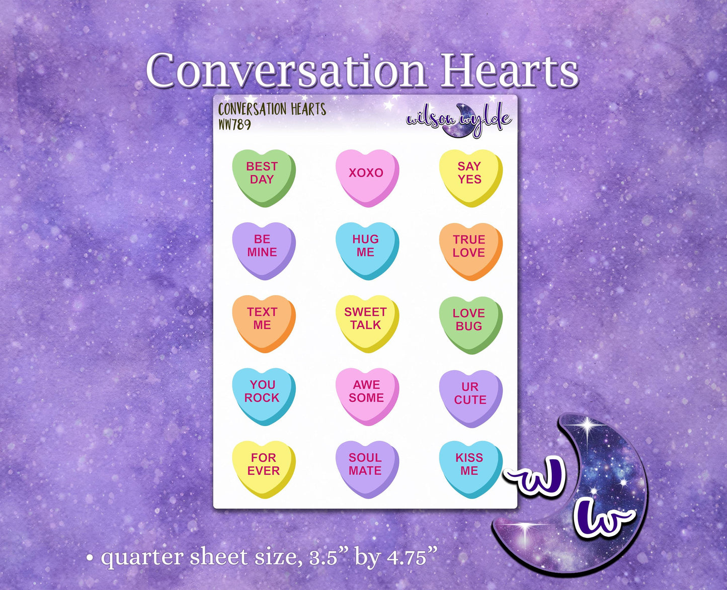 Conversation Hearts deco planner stickers, Valentine's love candy WW789