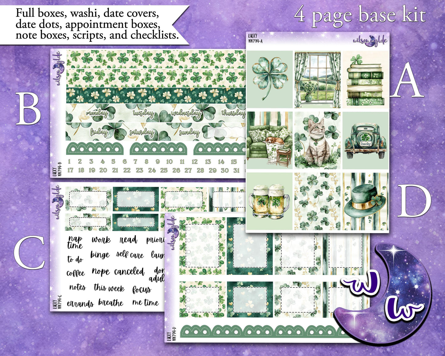 Lucky weekly sticker kit, STANDARD VERTICAL format, ireland st. patrick's day, a la carte and bundle options. WW794