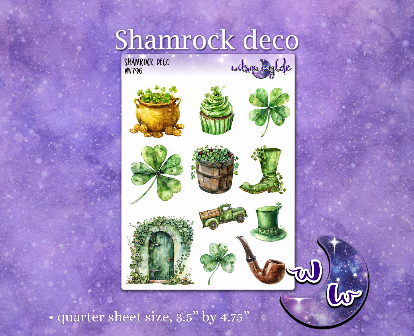 Shamrock deco planner stickers, Irish St. Patrick's, shamrock WW796