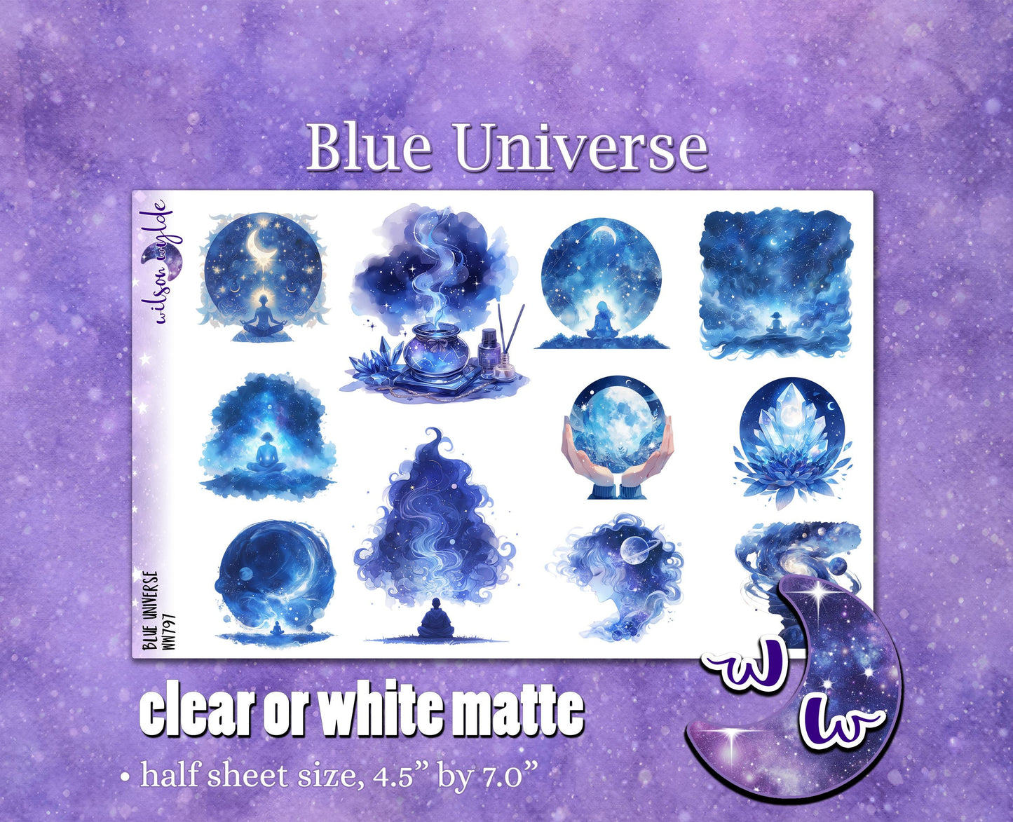 Blue Universe deco planner stickers, Matte or frosted clear. WW797