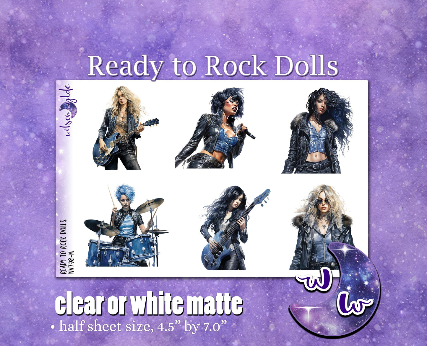 Ready to Rock dolls deco planner stickers, Matte or frosted clear. Music concert WW798