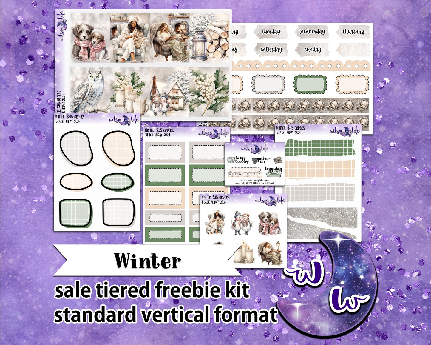 Winter, tiered freebie kit, standard vertical format. 7 planner sticker sheets, includes deco, full and appointment boxes.