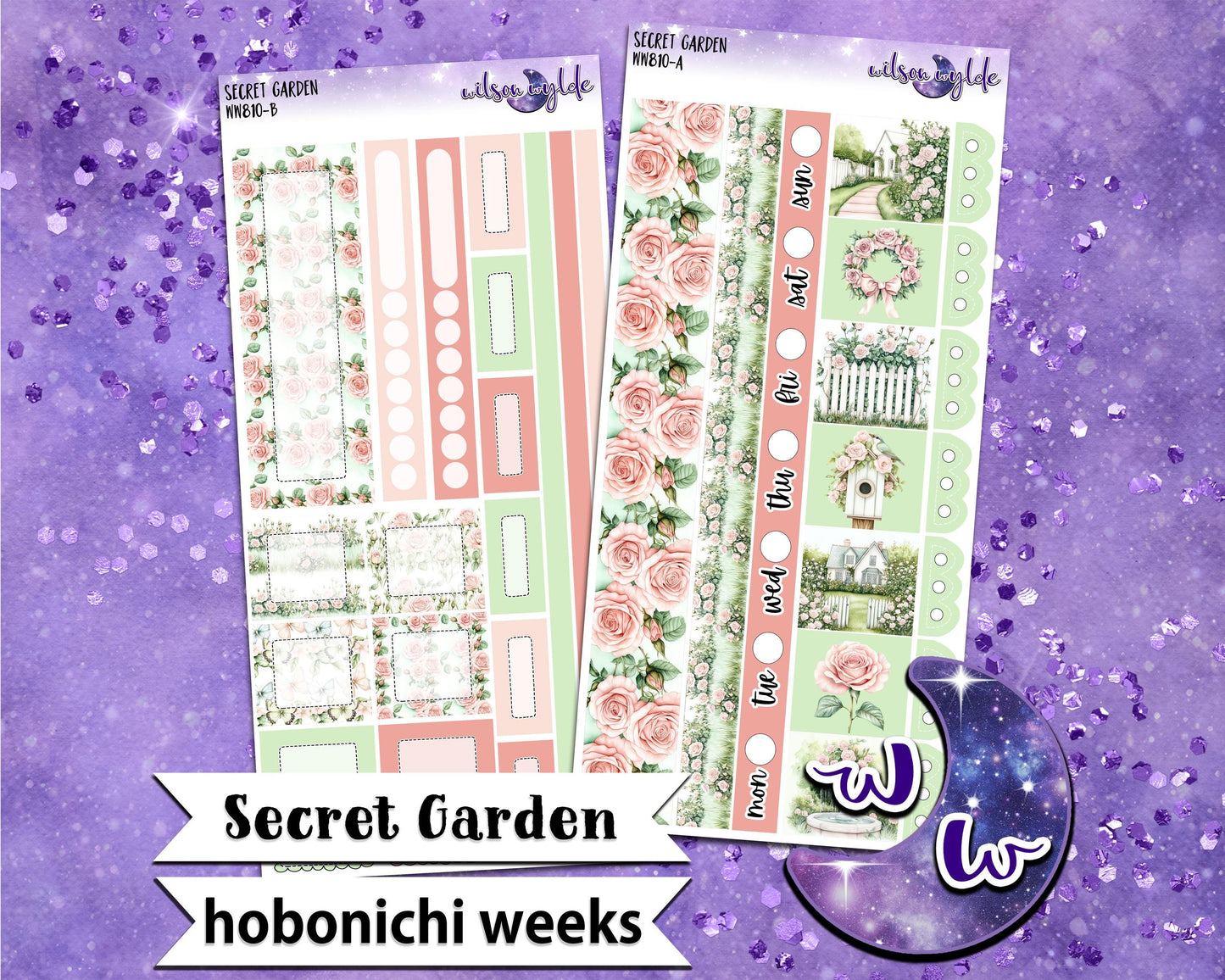 Secret Garden weekly sticker kit, HOBONICHI WEEKS format, a la carte and bundle options. spring floral, rose garden WW798
