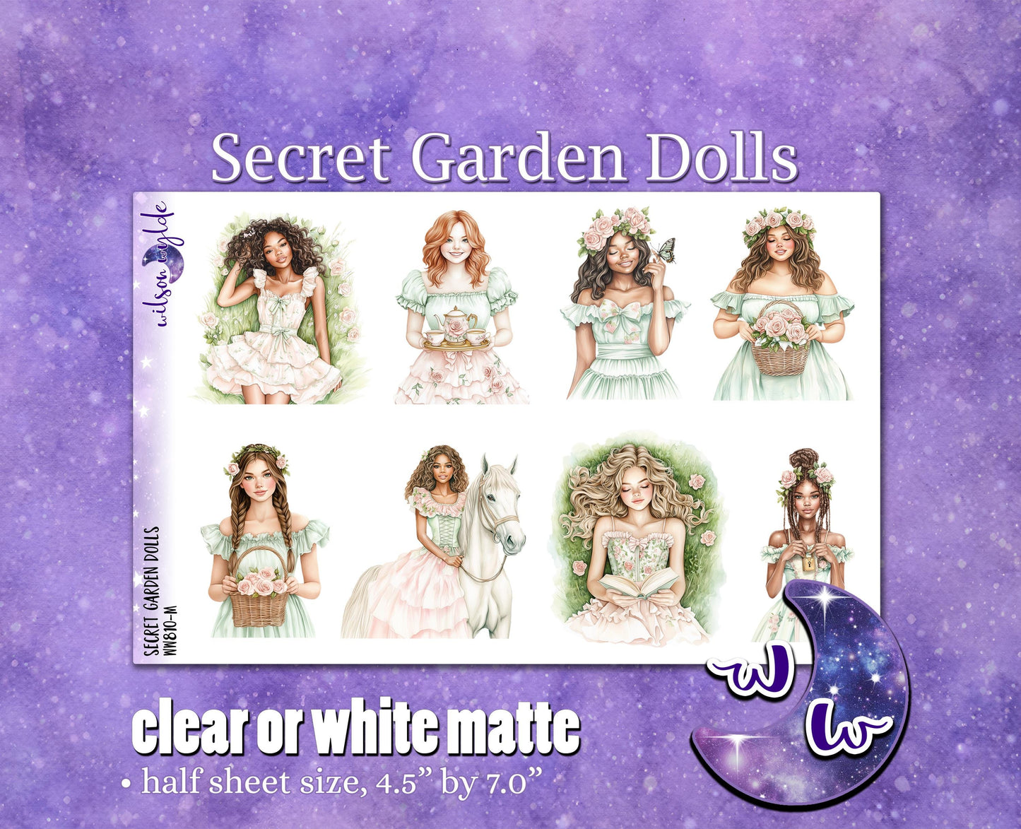 Secret Garden dolls deco planner stickers, Matte or frosted clear. Rose garden, spring floral WW810